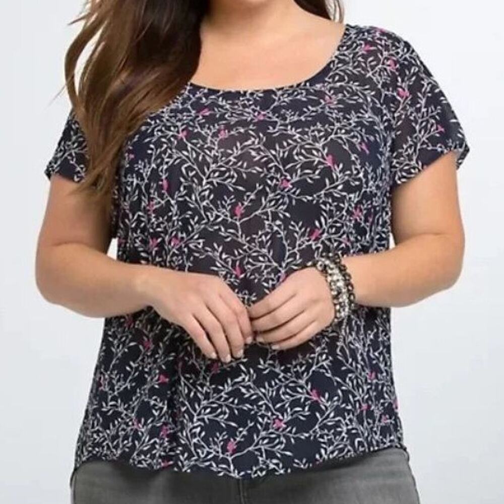 Torrid Womens Sheer Chiffon Floral Bird Print Top Plus Size 3X Layering Cottage